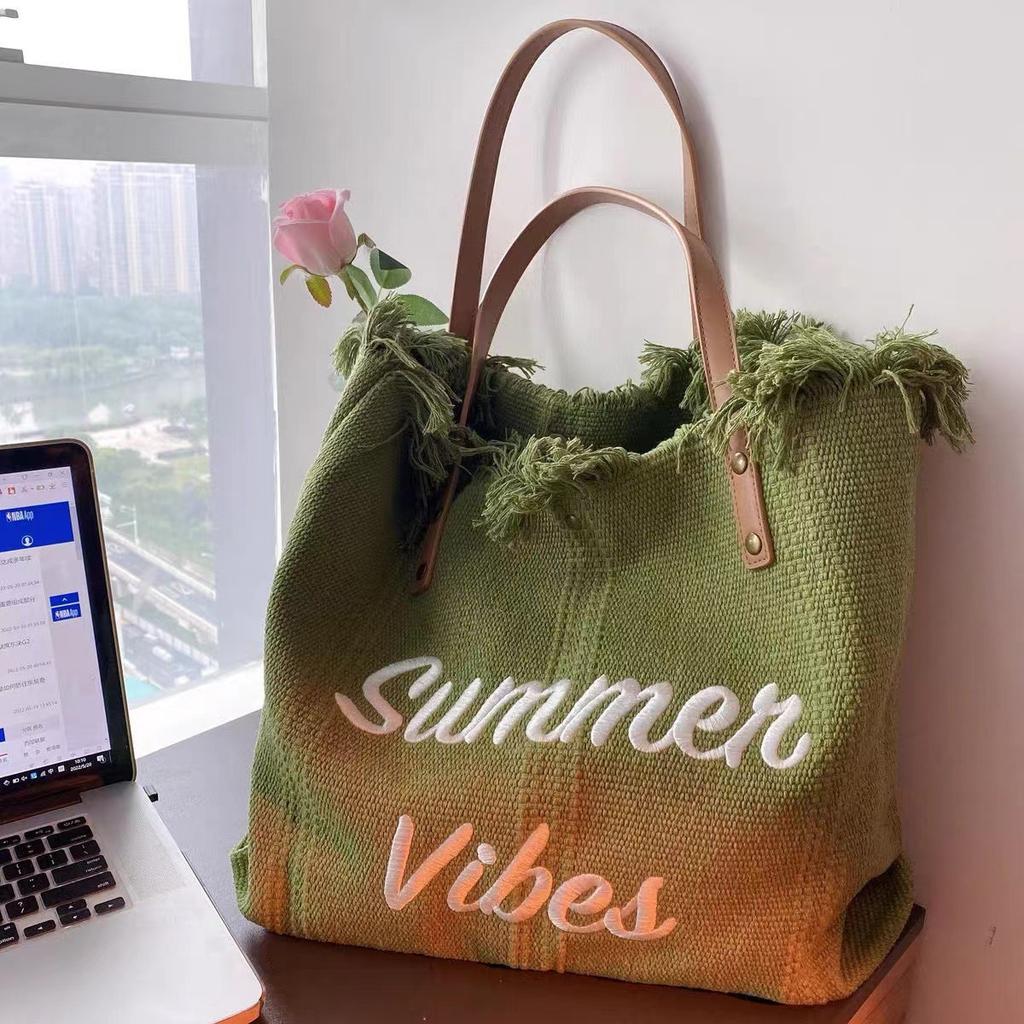 Large Capacity Handbag Woman Bag Design Simple Travel Beach Tote Bag Tassel Letter Embroidery Fashion Shoulder Bags 2025