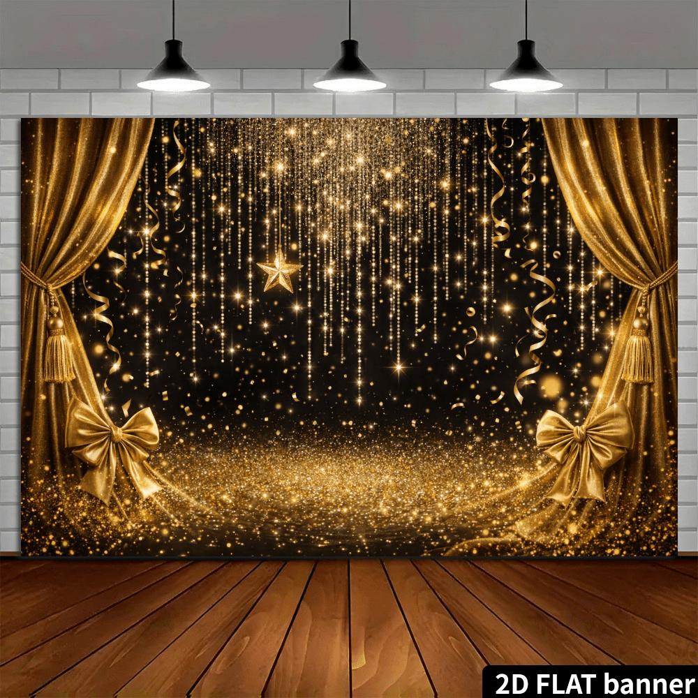 Two-dimensional flat luxurious golden starry background fabric, with black background and gold foil sequins