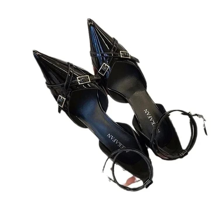 Черные туфли на высоком каблуке для женщин 2025 года, модные туфли на щиколотке с ремешками на щиколотке, женские туфли с острым носком и пряжкой на тонком каблуке