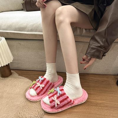 Розовые домашние пушистые тапочки для девочки, новинка осени и зимы 2025, милые, с бантом, на мягкой подошве, удобные хлопковые тапочки