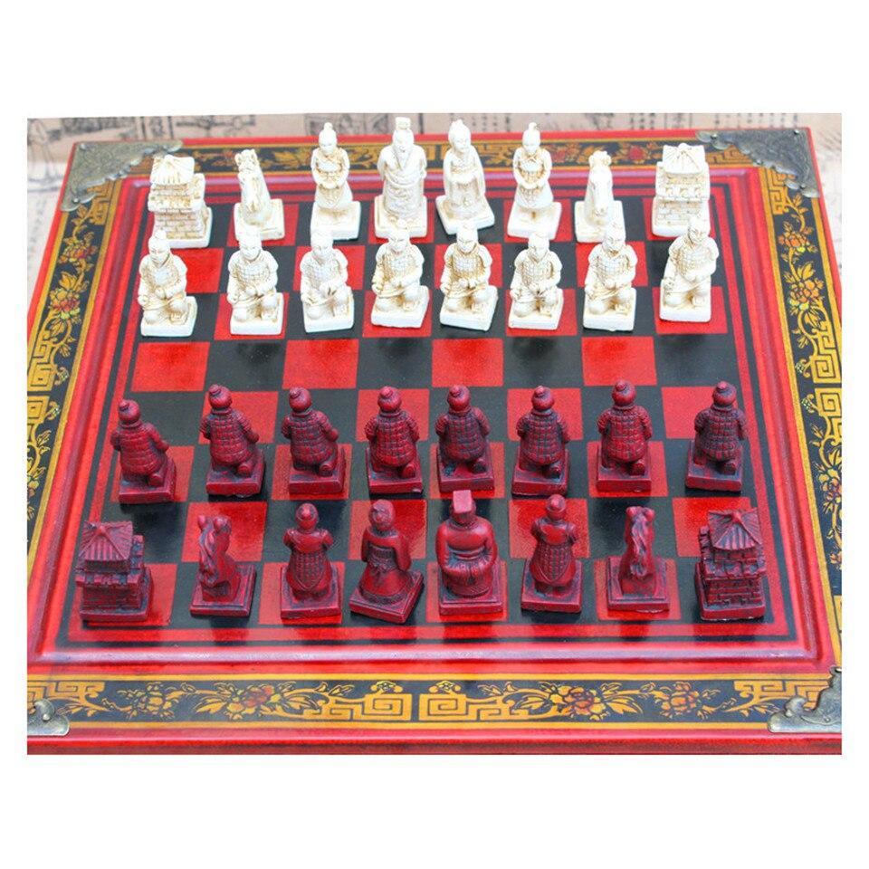 Top Grade Wood Chess Set Carving Resin Terra Cotta Warriors Pieces International Chess Wooden Desk Drawer Chessboard Board Games 