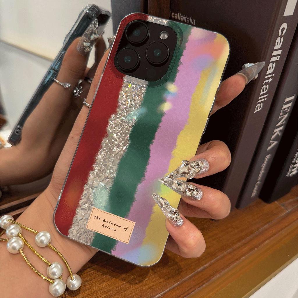 Phone Case for iphone 13 16 Plus 14 17 Pro XR 12 XS Max 18 Pro Max 15 Air 11 Autumn Rainbow Texture Silver Cracked Texture Shockproof Cover
