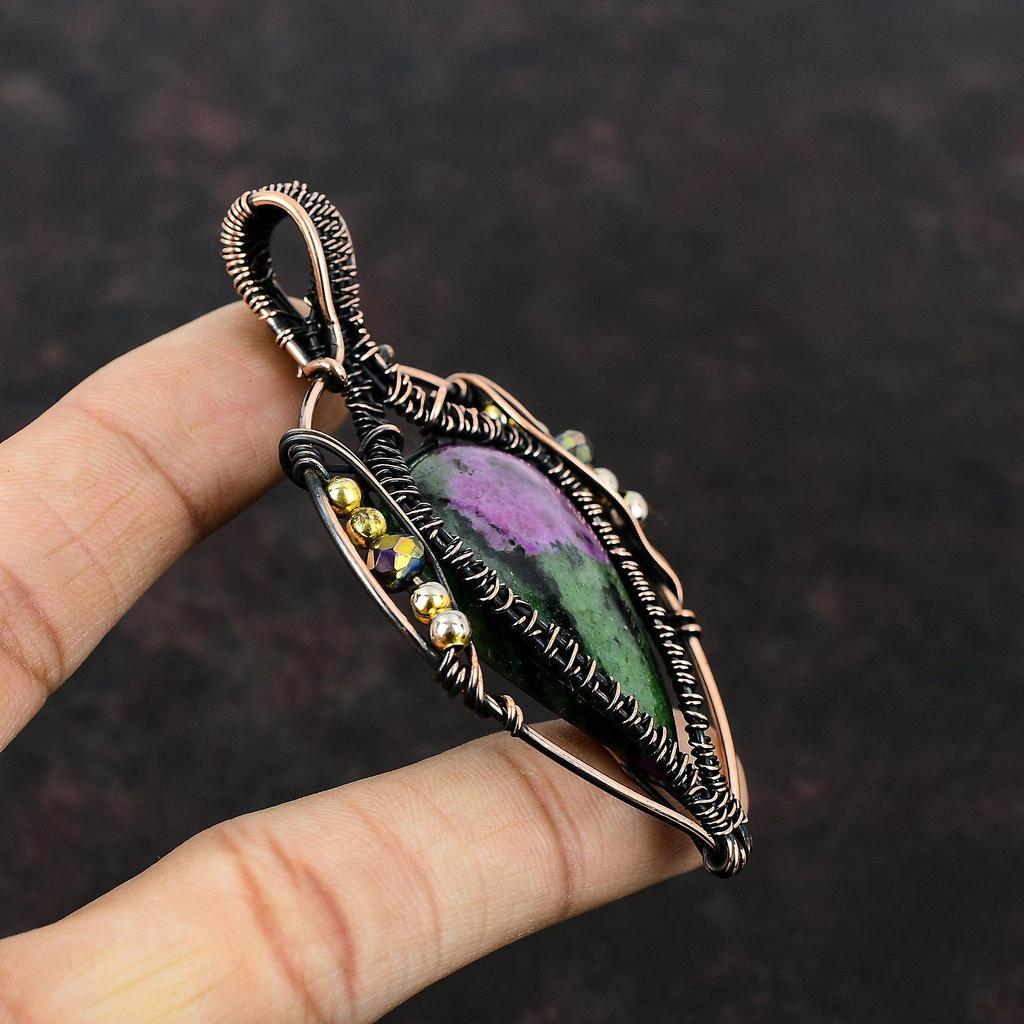 Рубиновый кулон с цоизитом, титановые бусины, медный кулон, обернутый проволокой, ювелирные изделия из драгоценных камней, кулон из проволочной обмотки ручной работы, медные украшения для подарков