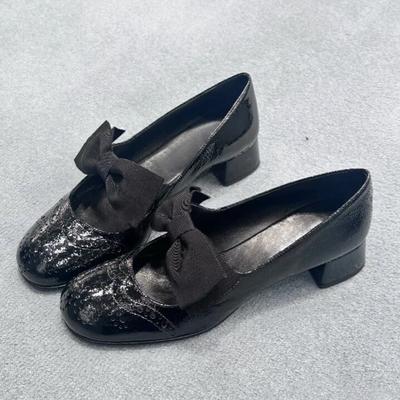 Туфли-лодочки из натуральной кожи в стиле miu family с бантом, женские, весна-осень, новые, на толстом каблуке, с резным высоким каблуком, маленькие кожаные туфли