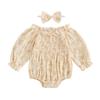 Baby Girls Romper Bow Print Ruffled Trim Long Puff Sleeve Smocked Jumpsuits Headband Outfits