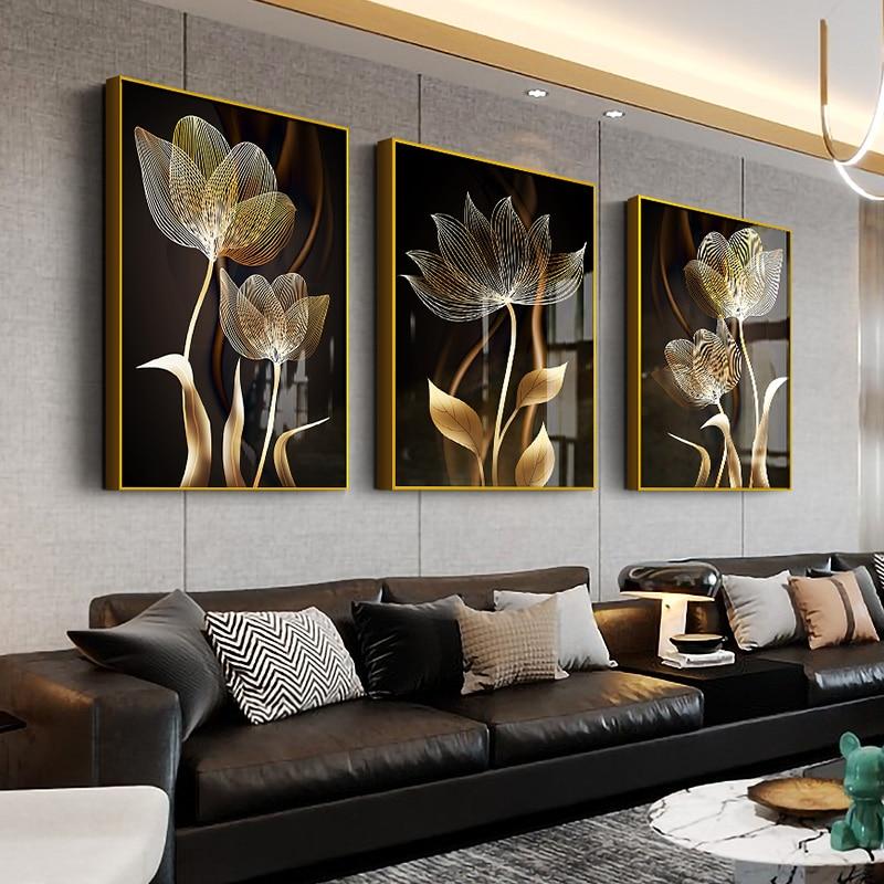 Abstract Black Golden Flower Luxury Poster Nordic Art Plant Leaf Canvas Painting Modern Wall Picture for Living Room Decor