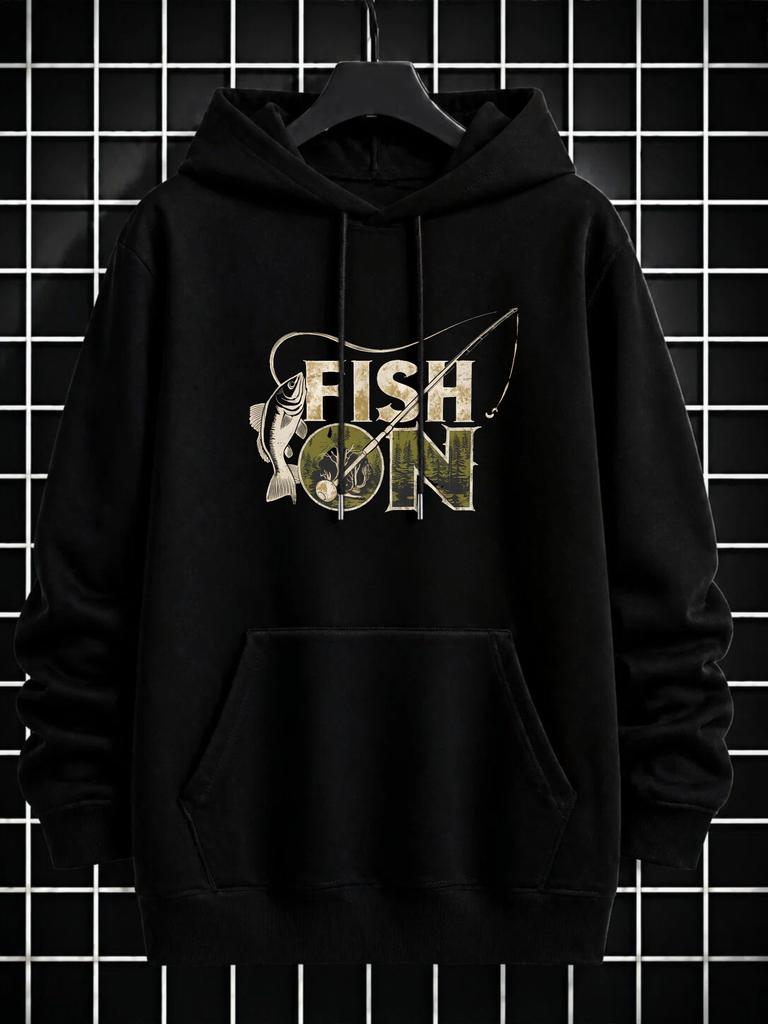 Унисекс Худи, Сезон Рыбалки, Графический Принт 'Fish On', Худи-Свитшот, Повседневный Уличный Стиль, Верхняя Одежда для Осени и Зимы, Передний Карман-Кенгуру