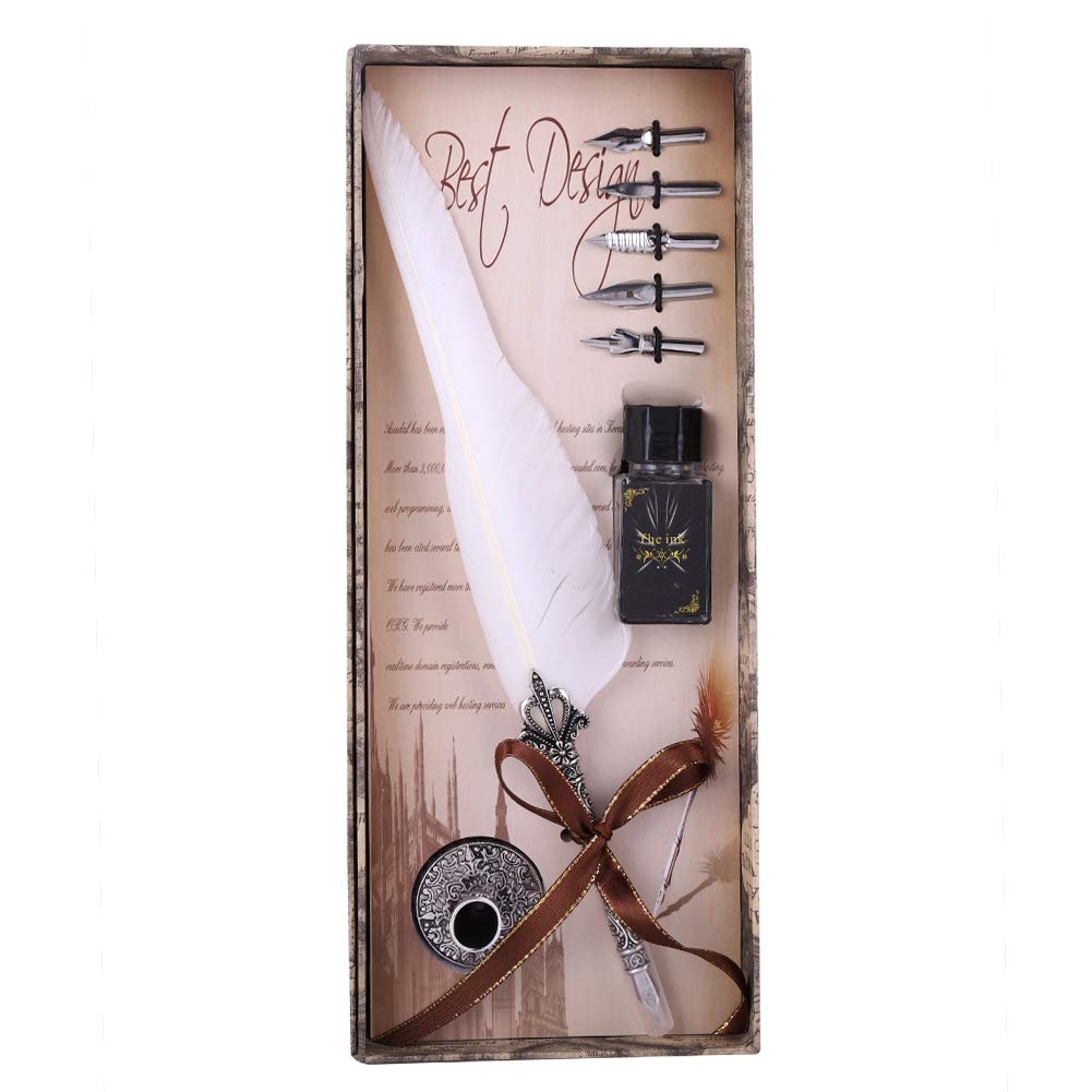 Feather Pen Mugast Fountain Pen Feather Pen Feather Decoration Retro Stylish Present Feather Pen Nib 5 Pieces + (White)