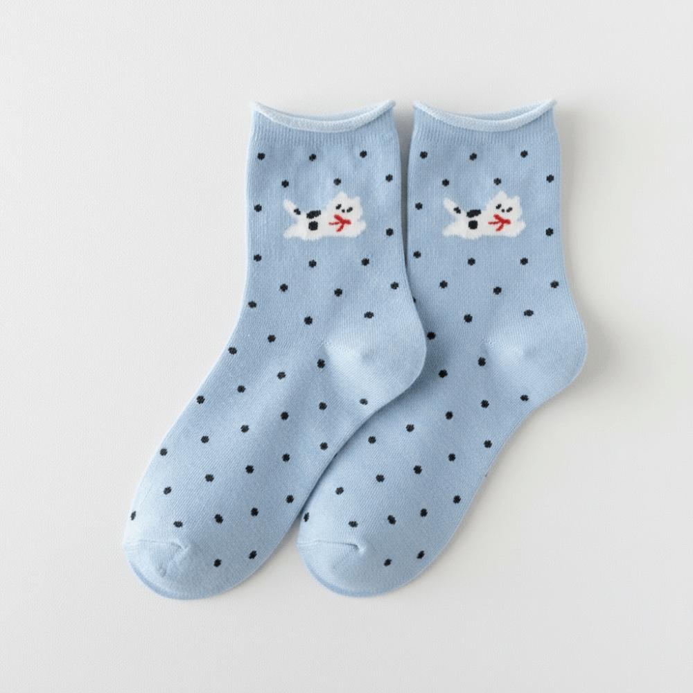 1 Pair Cotton Women Socks Cartoon Dog Cat Printed Middle Tube Socks Kawaii Polka Dot Socks