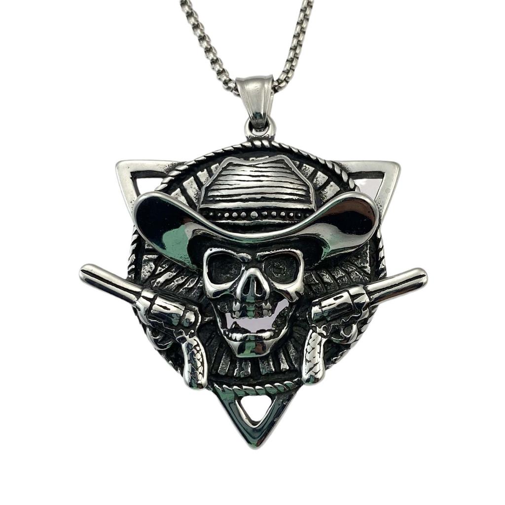 Хэллоуин Двойной Пистолет Нержавеющая Сталь Череп Кулон Личность Панк Ожерелье Винтаж Модный Мужской Ожерелье Подвеска Свитер Цепь