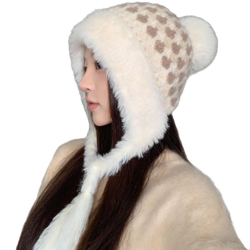Plush hat women's autumn and winter warm outdoor big head circumference plush thickened knitted hat plaid fashion ear protection knitted hat