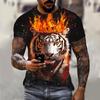 Харадзюку Хип-хоп Тренд Уличный Повседневный Круглый Вырез Короткий Рукав Свободный Топ Веселый 3D Животный Тигр Принт Пламени Мужские Футболки