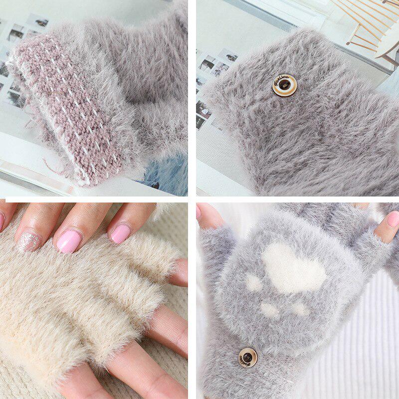 Winter Warm Soft Rabbit Fur Knit Mittens Women Flip Half Finger Plush Thick Cute Cartoon Cat Claw Touch Screen Driving Gloves I1