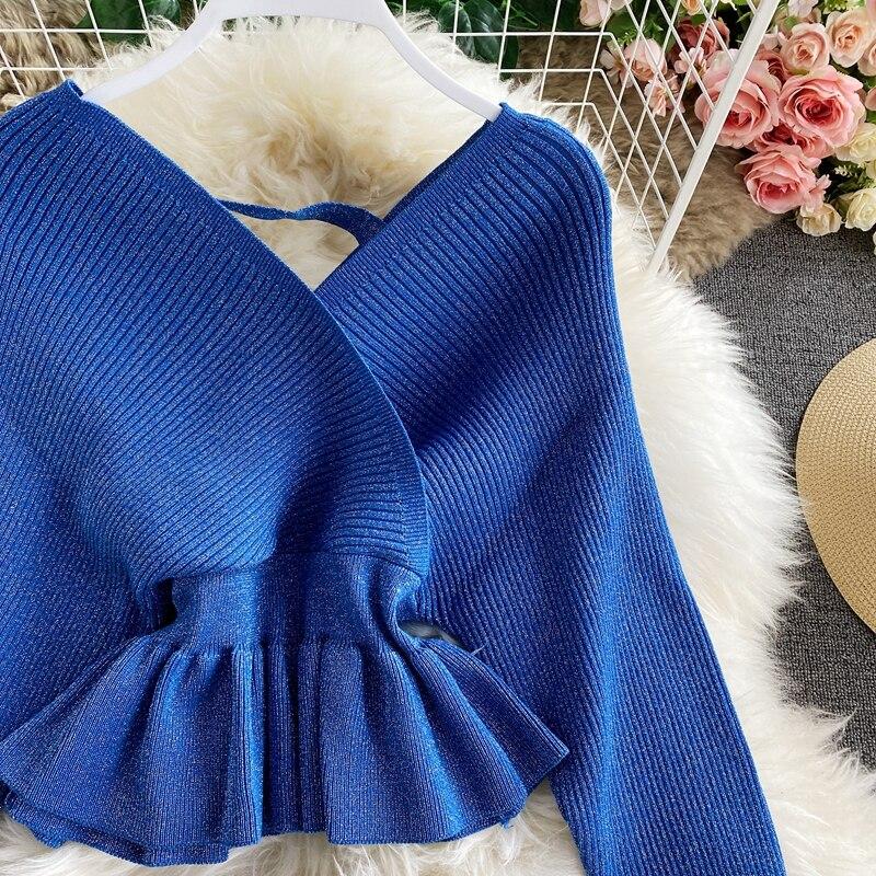 RUGOD Весенний новый яркий шелковый вязаный топ с v-образным вырезом и длинными рукавами, модный темпераментный короткий универсальный топ с тонкой спинкой и длинным рукавом