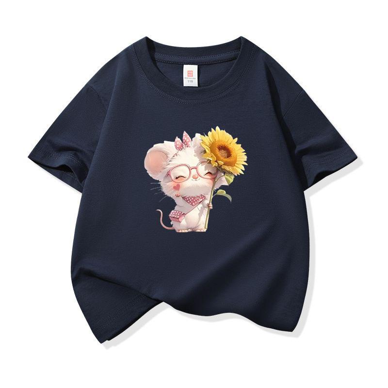 Kids Cotton T Shirt Cute Mouse With Sunflower Flower Print Crew Neck Short Sleeve Tee Casual Boys Girls Summer Tops