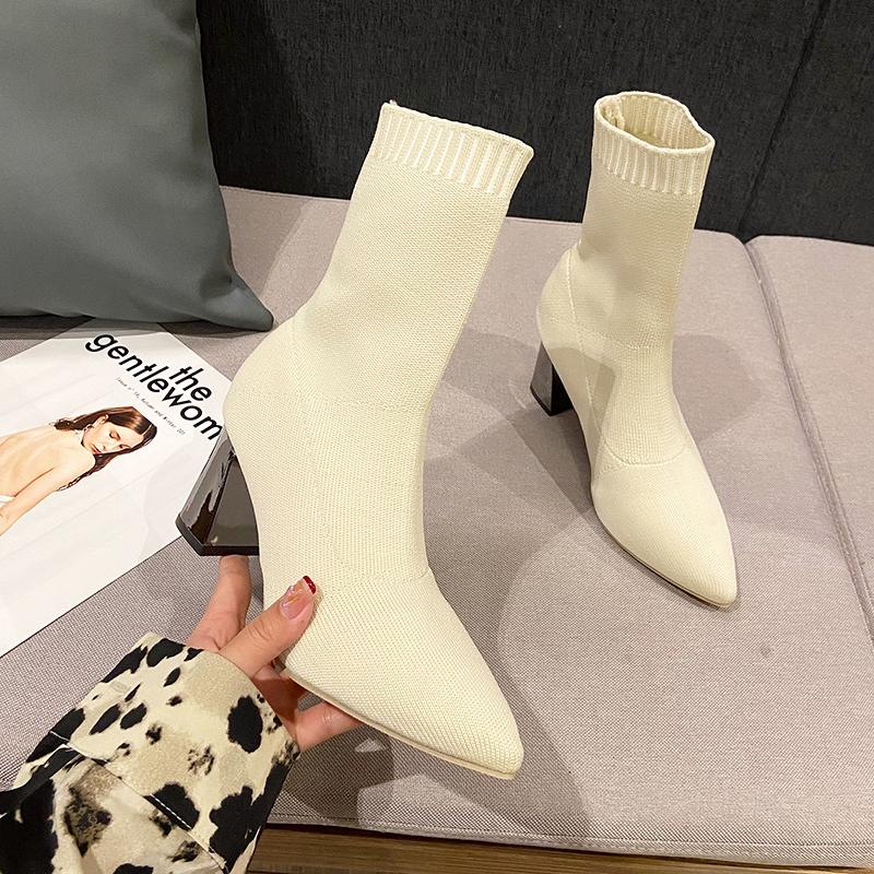 Женская обувь 2024 года, модные женские ботинки без застежек, осенние, с острым носком, однотонные, короткие, из эластичной ткани, на высоком каблуке, носки, ботинки