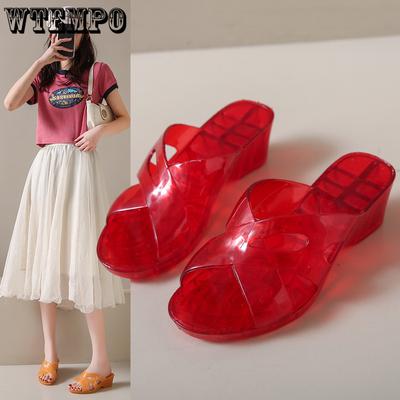 Летние тапочки со стразами для женщин, нескользящие и износостойкие, толстая подошва, высокие каблуки, покатый каблук, плоская подошва, классные уличные тапочки