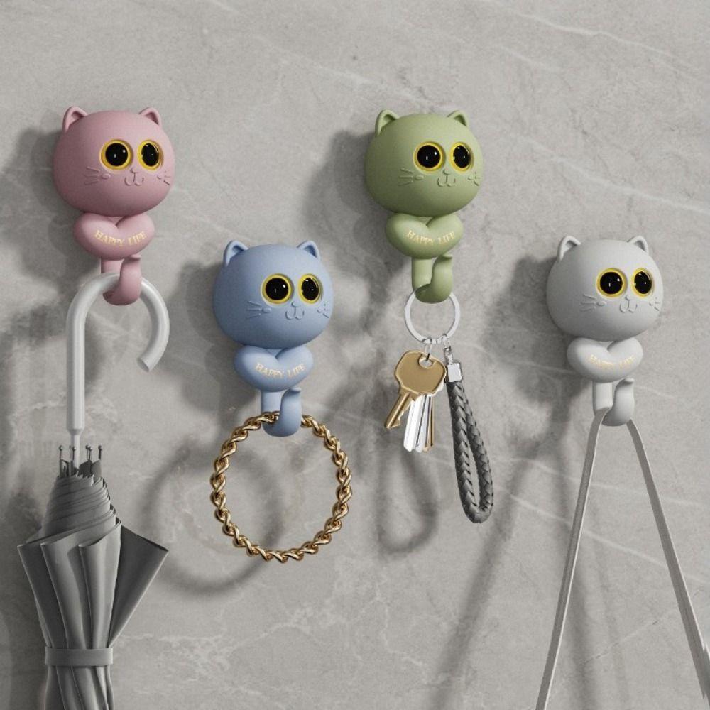 Free Punching Cat Blink Eyes Hook Wall Hanging Key Holder Sticky Hooks Cartoon Cat Hooks Kitchen