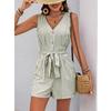 Женский комбинезон-шорты с V-образным вырезом без рукавов в полоску со шнуровкой