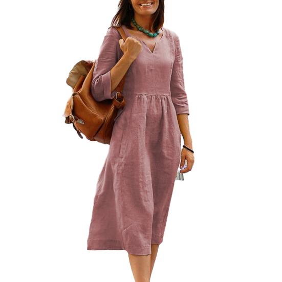 Летнее мини-платье с v-образным вырезом, рукавами три четверти, сплошной цвет, плиссированные карманы, свободная длина до середины икры, мягкая дышащая винтажная женская одежда