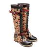 Johnature Handpainted Genuine Leather Women Long Boots Retro Floral Lace Up Belt Buckle Mid-calf Boots
