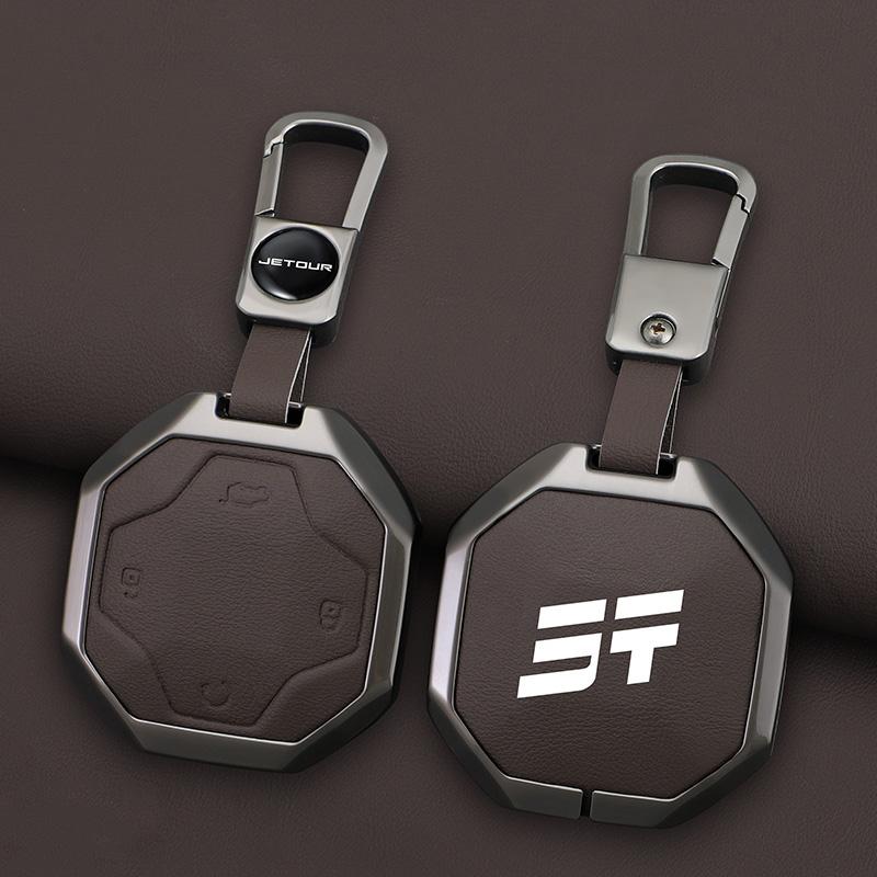 Auto Key Fob Cover Case Mount Housing Fit For Chery Auto Jetour Traveller Jetour T2 Zinc Alloy Genuine Leather Protect Key Ring Auto Accessories