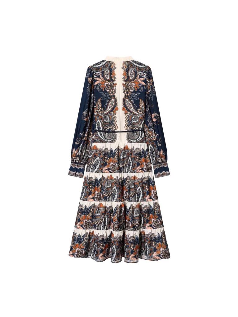 European Autumn/Winter 2025 Women's Temperament Waist-Cinching Printed Patchwork Long Dress