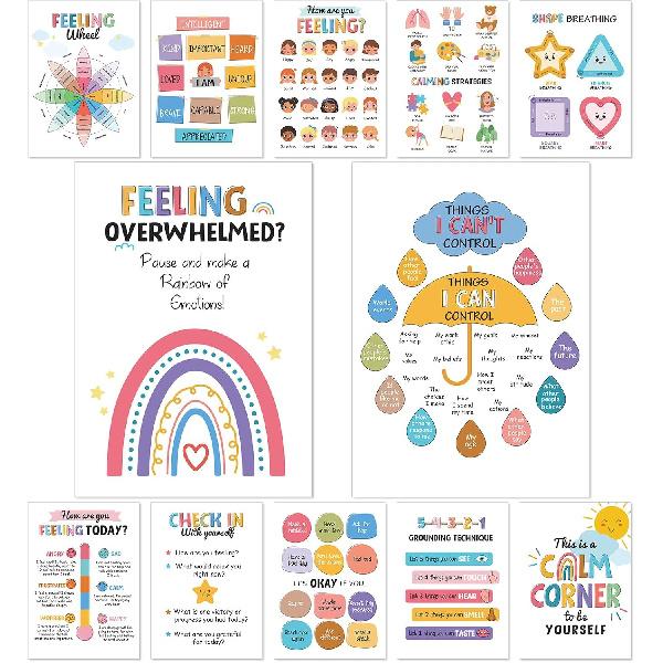 Pasimy 12 Pcs Calming Corner Classroom Posters Boho Feelings Wheel Charts Emotions Poster for Kids Calm Corner Mental Health Wall Decorations for