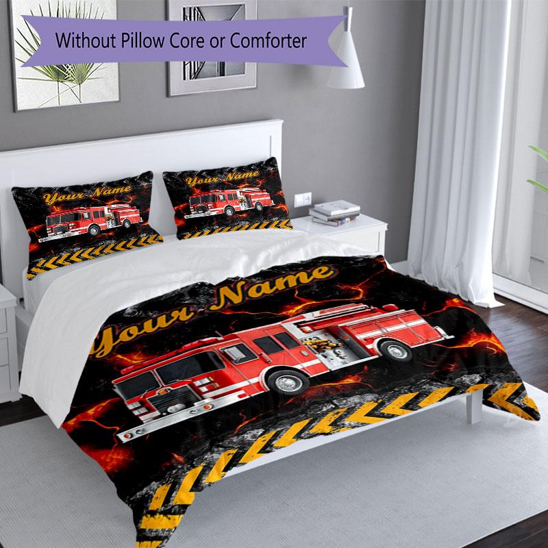 3PC Custom Name Fire Truck Adventure Bedding Set Duvet Cover Closure Includes 1 Duvet Cover & 2 Pillowcases for Bedroom