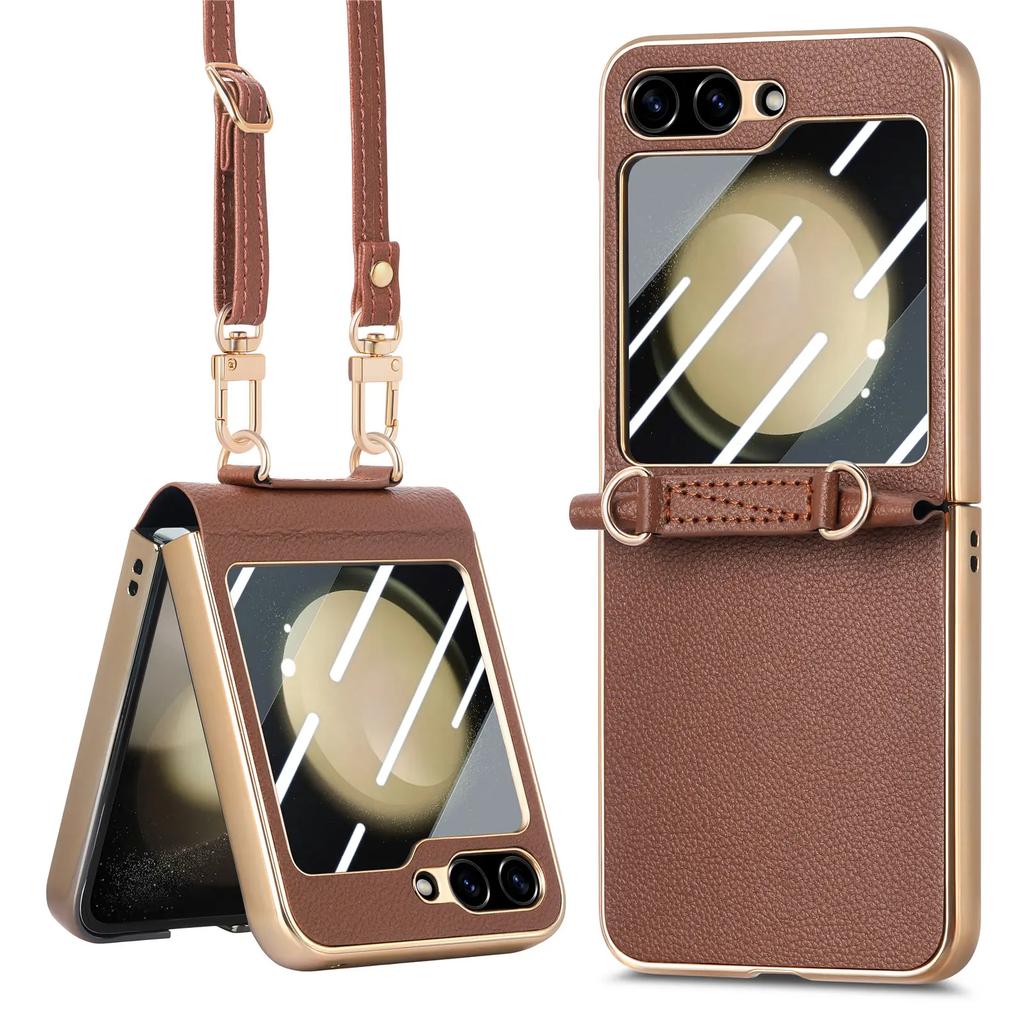 Кроссбоди Шнурок Гальваническое покрытие PU Кожа Чехол для телефона для Samsung Galaxy Z Flip 5 Flip5 5G Жесткий Чехол Ударопрочная Накладка