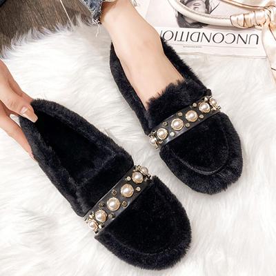 Большие размеры жемчужные заклепки меховые балетки женские 2024 новые дизайнерские зимние хлопковые туфли уютные мокасины из меха норки теплые плюшевые эспадрильи женские
