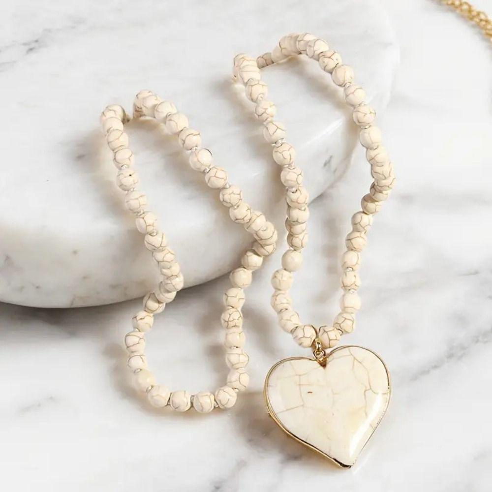 Heart Shape Pendant Turquoise Beaded Necklace 8 mm Beads Boho Necklace Women Gift