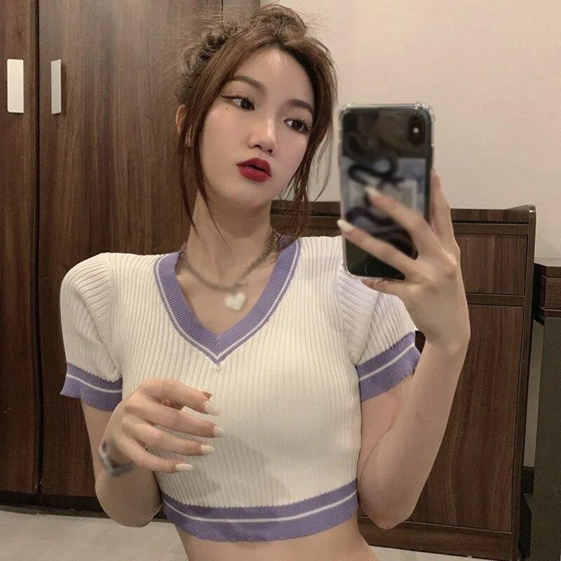 Женские топы с короткими рукавами, летний короткий топ, тонкая футболка