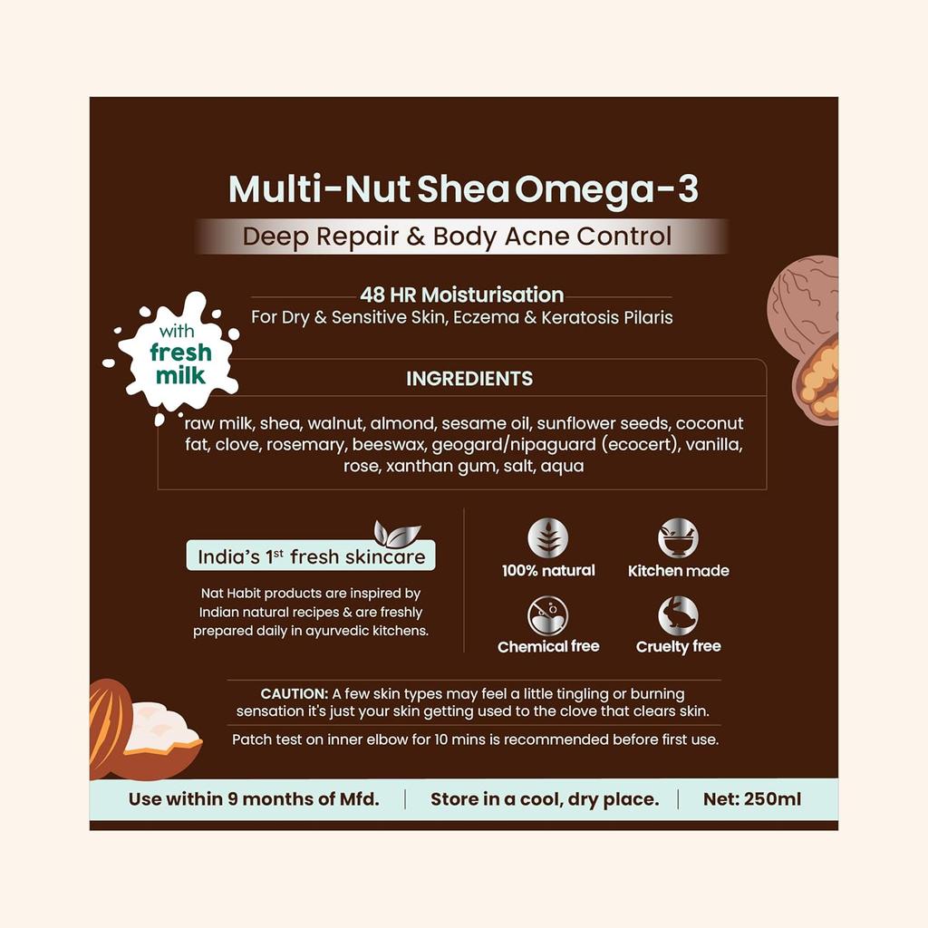 Fresh Whipped Body Lotion, Multi-Nut Shea Omega 3, For Deep Skin Repair, Hydration, Body Acne Control & 48 Hours Moisture, 250 Ml (Pack of 1)