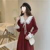 Women's Red French Hepburn-Style Slim Waist Long Sleeve Dress for Fall & Winter