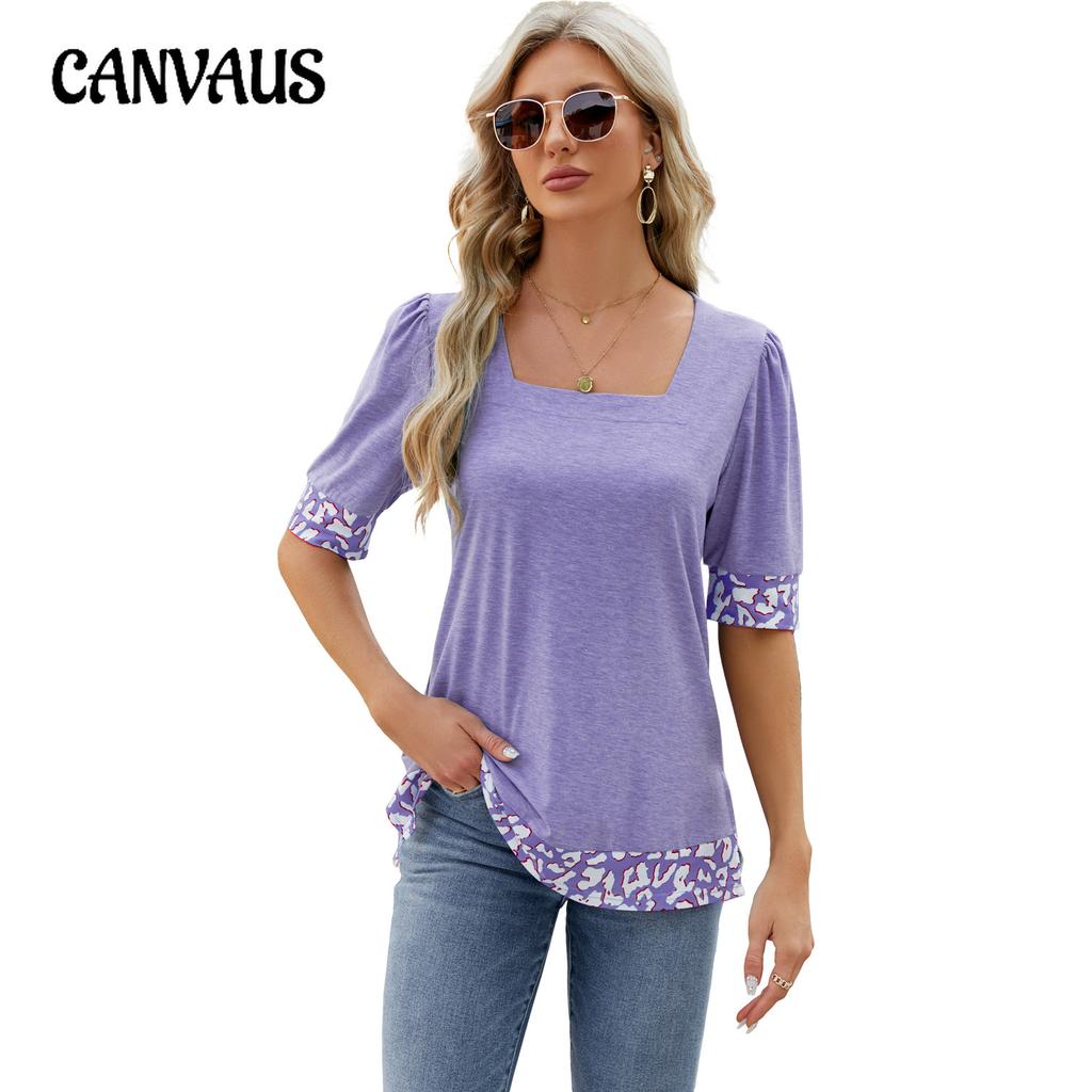 Spring Summer Women's T-Shirt Square Neck Printed Color Clash Bubble Sleeve Slit T-Shirt Top
