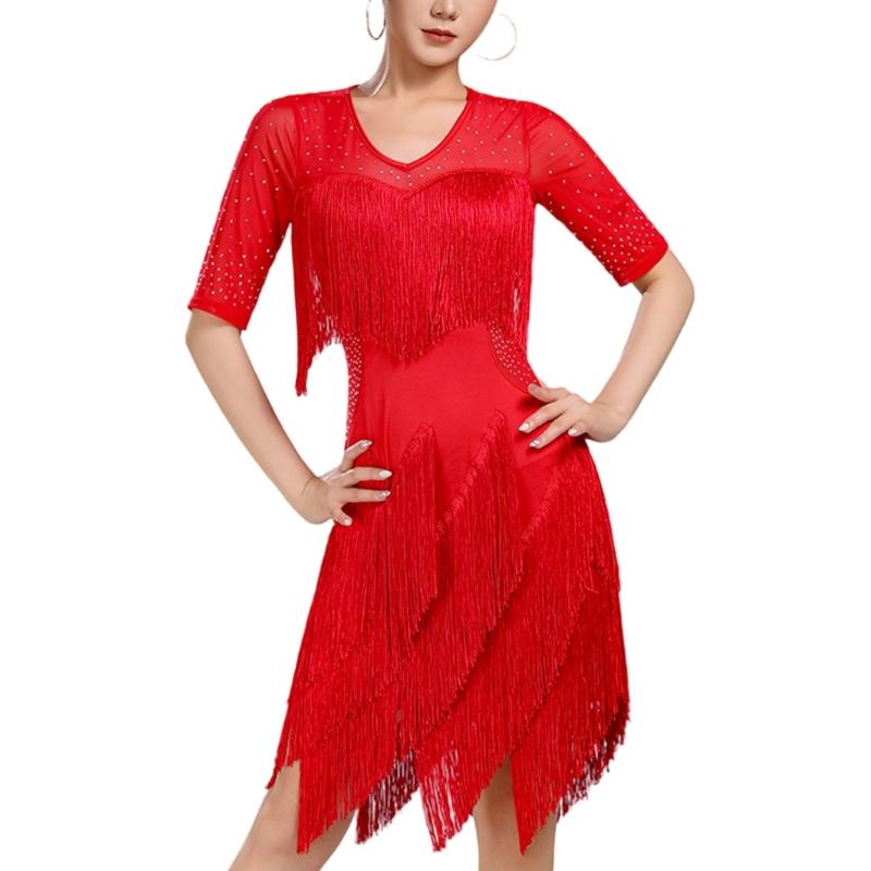 Stage Ready Latin Dance Costume Lightweight Breathable Fabric Sparkling Sequins Flattering Fringe Design