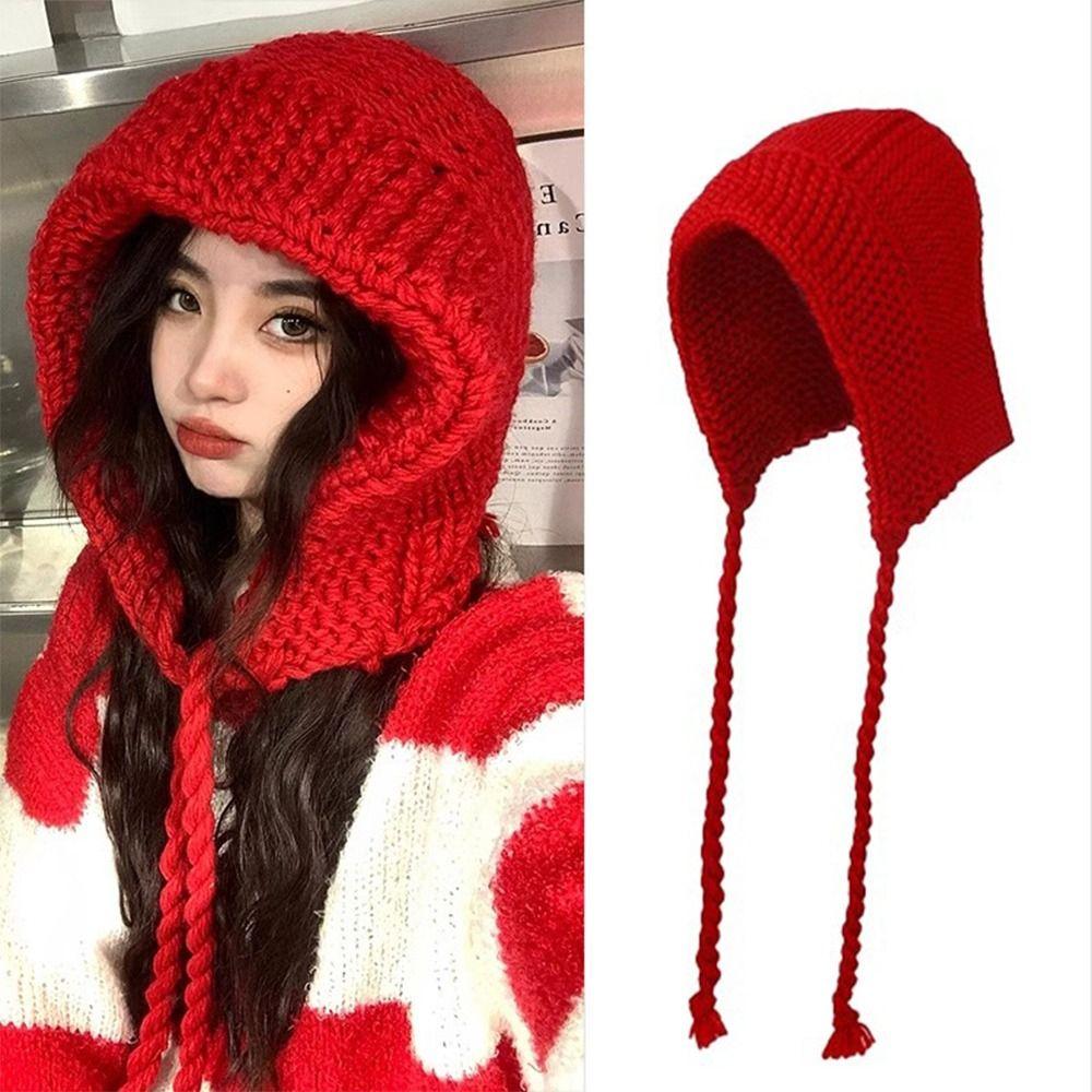 Korean Ear Protection Hat Hand-crocheted Tie Pullover Beanie Hat Fashion Y2k Knitted Hat  Women