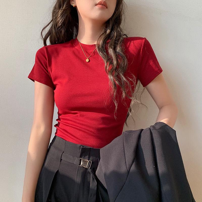 Korean Slim-Fit Red T-Shirt for Women - Figure-Flattering, Waist-Cinching, Straight-Shoulder, High-Stretch, Short-Sleeve