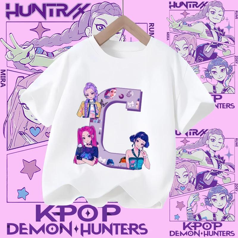 New Model A-Z Letter K-pop Demon Hunter Children's T-shirt for Girls, Sports Shirt, Summer Short-Sleeved Casual Top