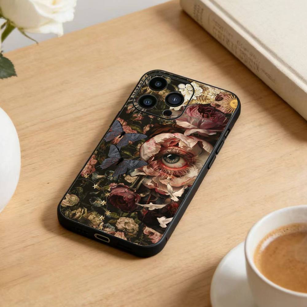 Темный Орнаментальный Коллаж Чехол для Телефона Для iPhone 17 16 15 14 13 12 Max Plus Силиконовый Черный Чехол
