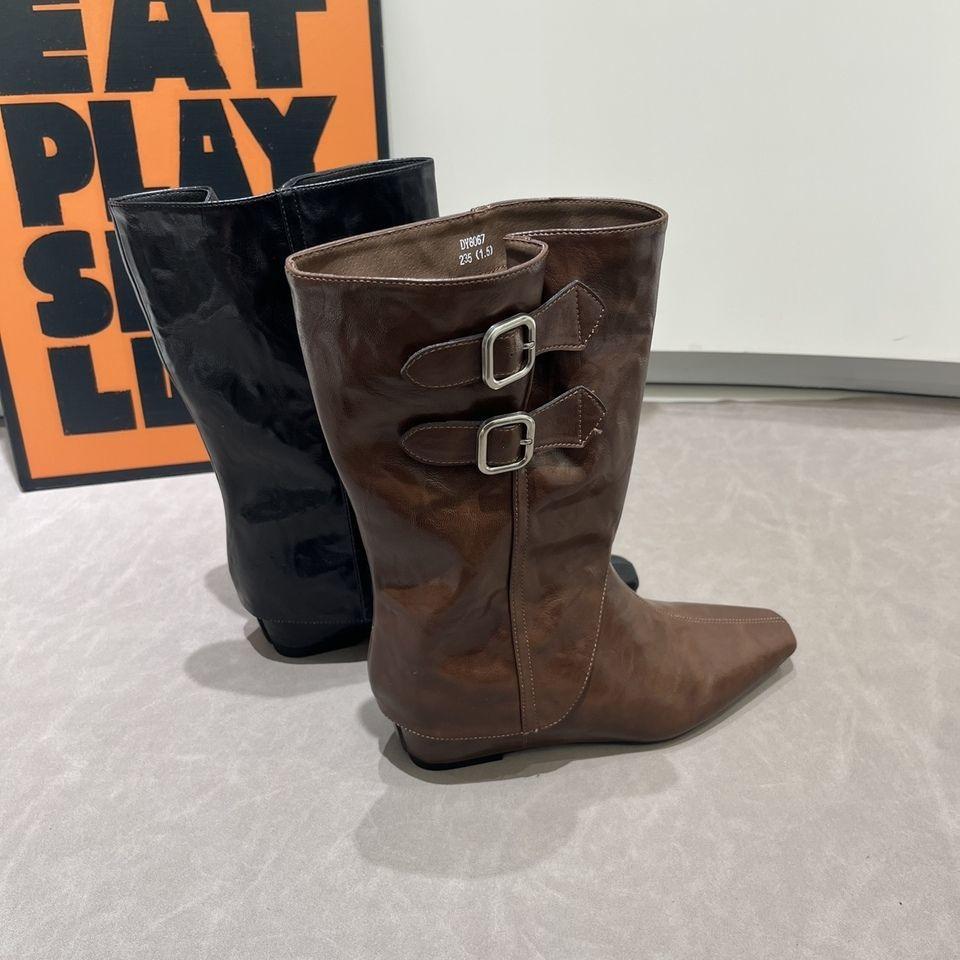 Осень-зима 2025 новые ботфорты на высокой платформе в европейском и американском стиле, рыцарские ботинки, женские ботинки с отстегивающимся голенищем, с острым носком