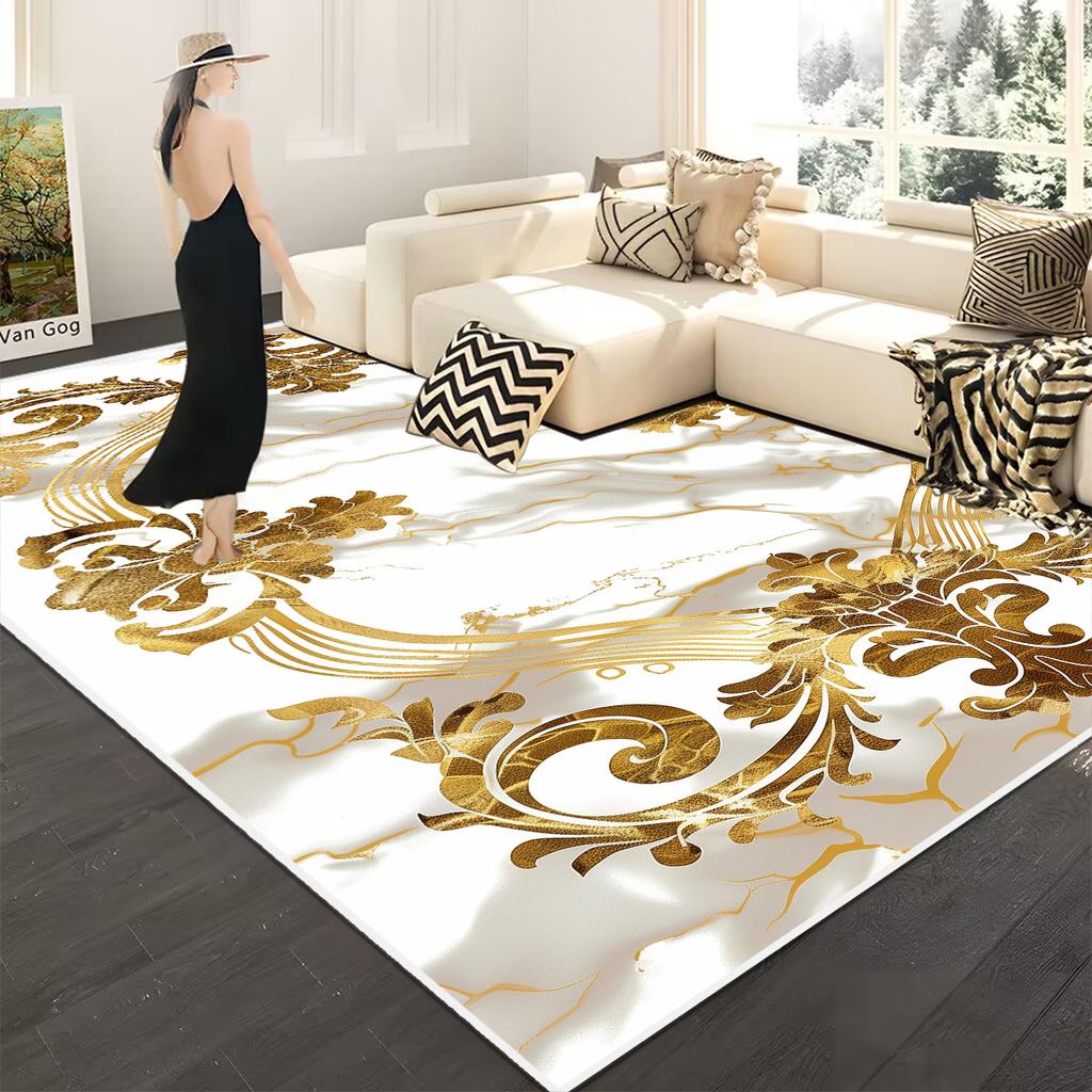 Европейская роскошь Большой ковер для гостиной Роскошное украшение в твердом переплете Золотой ковер для гостиной Зона дивана Моющийся коврик для журнальных столиков