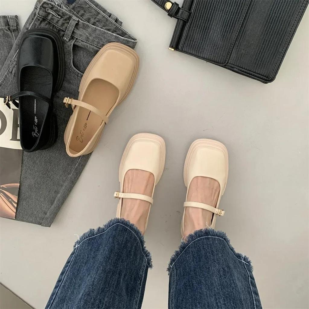 Jane Mary Shoes Женские Туфли с Квадратным Носком Британский Стиль Маленькие Кожаные Туфли Женские На Толстом Каблуке Элегантная Мелкая Обувь Модные Туфли для Женщин