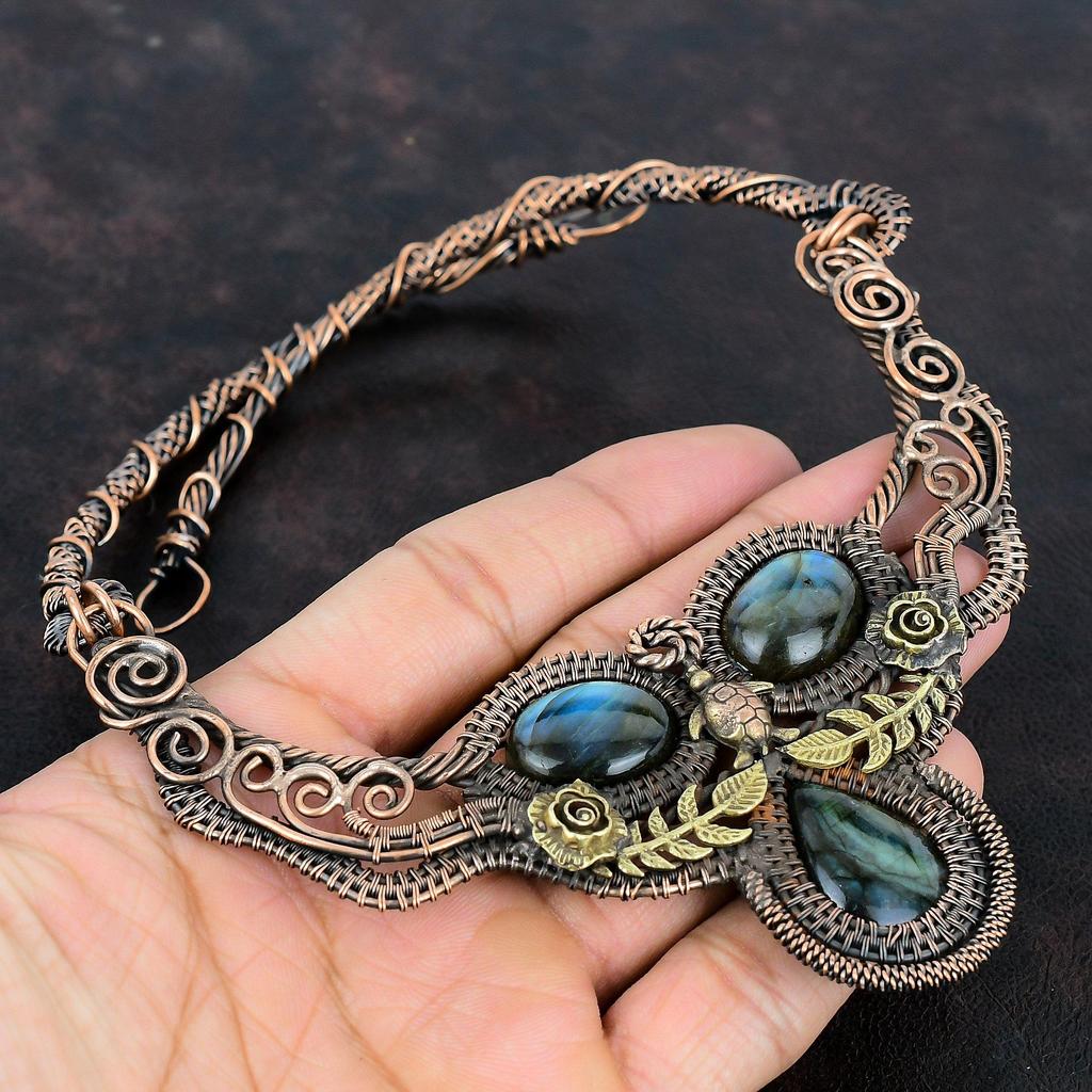 Ожерелье из лабрадорита Ожерелье из медной проволоки Ожерелье ручной работы Ожерелье из натурального драгоценного камня Медные украшения Ожерелье с черепахой Подарки для нее