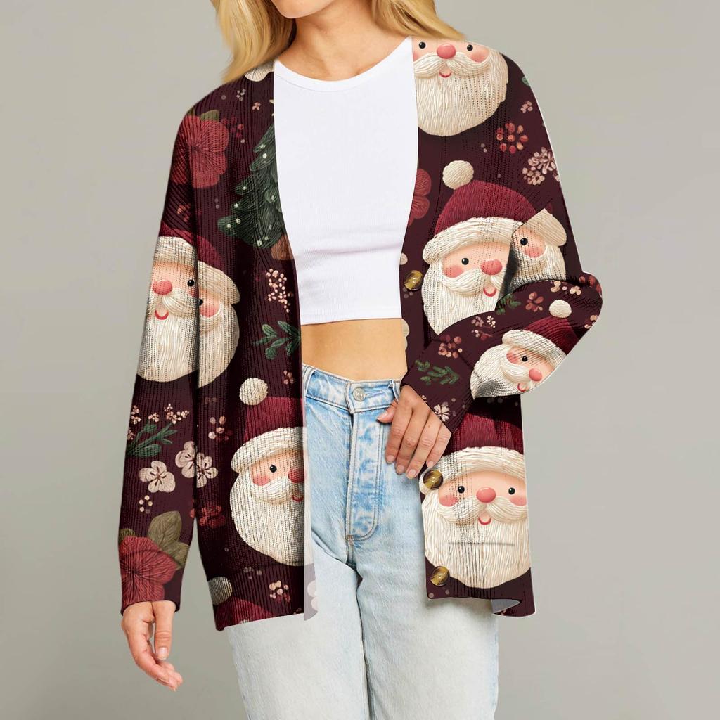 Женский модный кардиган с длинным рукавом, V-образным вырезом, на пуговицах, свободного кроя, с рождественским принтом