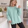 Daily Wear Sweatshirt Women Crewneck with Scalloped Hem, Solid Color Long Sleeve Autumn Top Hem Pullover Top, Drop Shoulder Casual Blouse for
