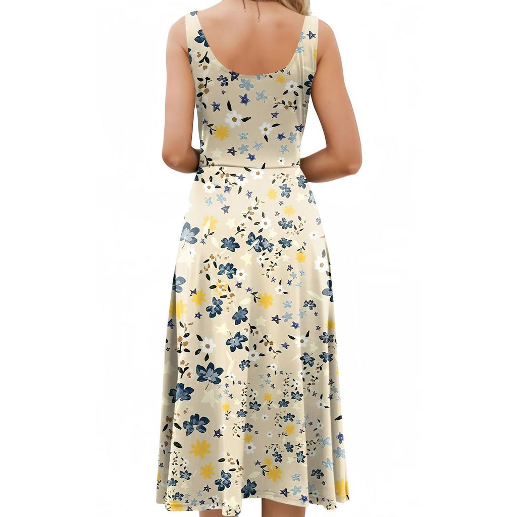 Женское летнее пляжное свободное платье трапециевидной формы средней длины с круглым вырезом и без рукавов, платье-жилет с карманом на шнуровке и цветочным принтом