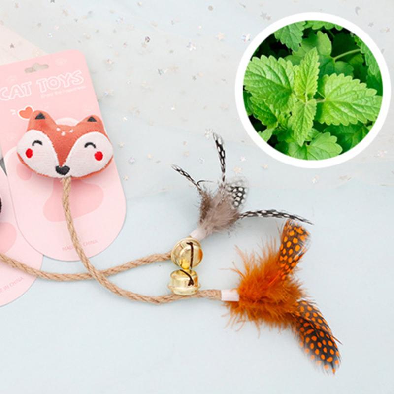 Забавная игрушка для кошек, колокольчик с перьями и кошачьей мятой, цветная милая кукла в форме животного, льняная веревка для домашних животных, коренной стержень