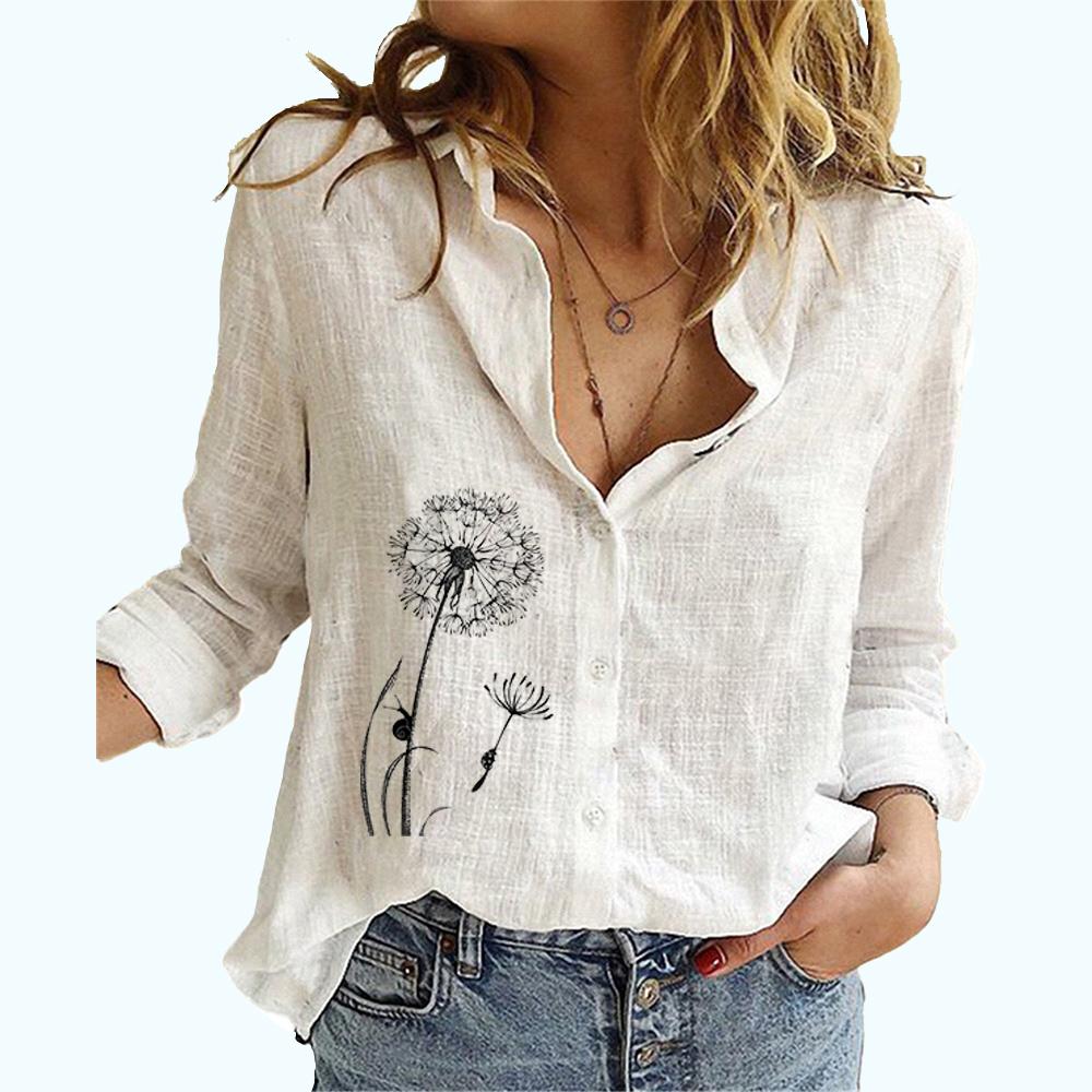 Women Fashion Floral Print Linen Top Casual Long Sleeved Buttoned Shirt Ladies Stand-collar Thin Blouse